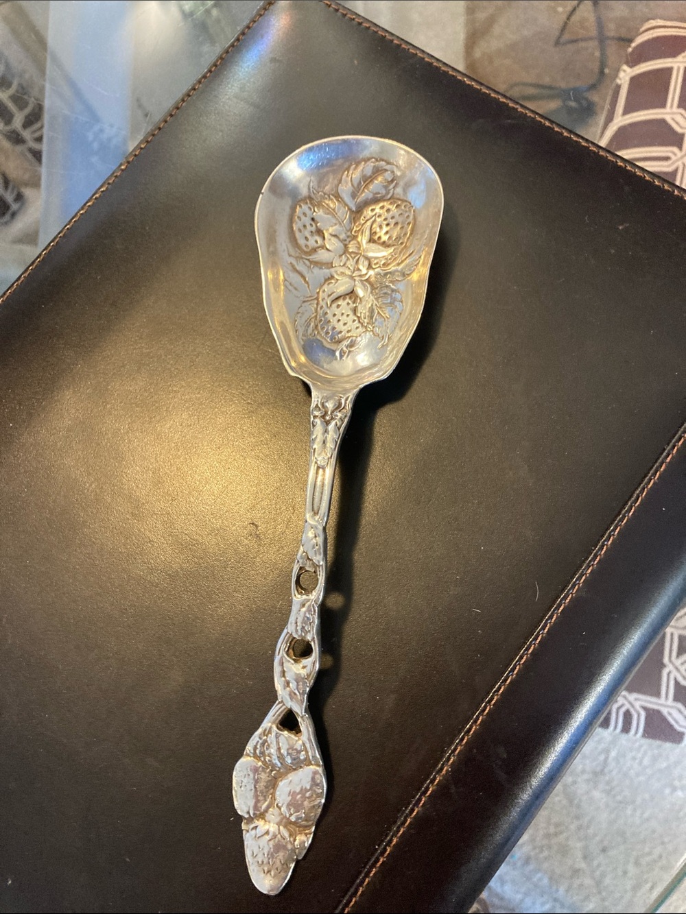 Decorative Sterling Silver Berry Spoon - Ornate Floral Design
